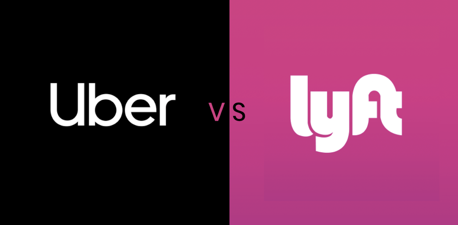 Uber and Lyft logos side by side. Uber logo in white on black background, Lyft logo in white on pink background, separated by 'vs' in pink.