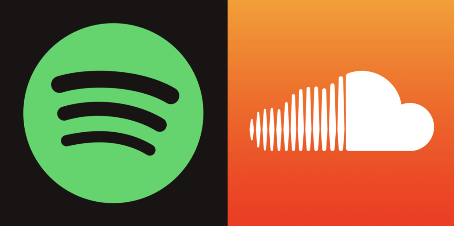 Spotify and SoundCloud logos: green circle with curves versus white cloud with soundwave.