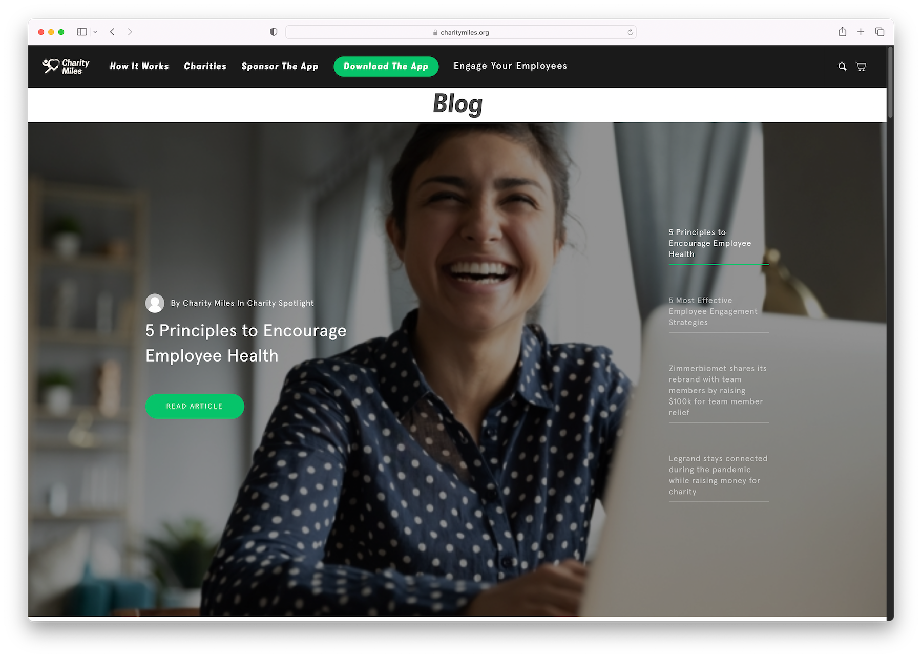 Charity Miles blog page featuring article on employee health, showing person in polka dot shirt.