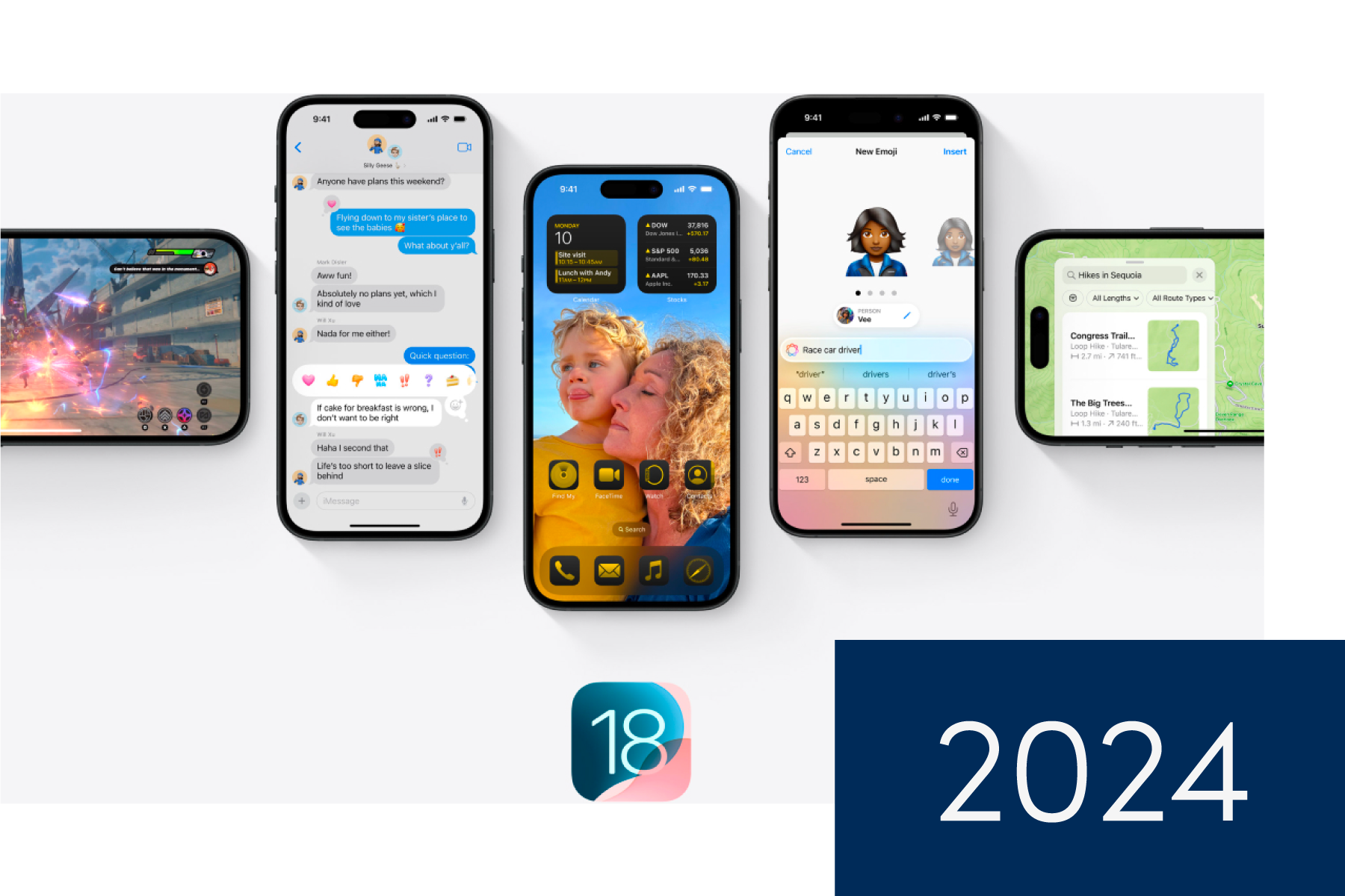 iOS 18 preview showing various app screens on iPhones, with the iOS 18 logo and year 2024 below.