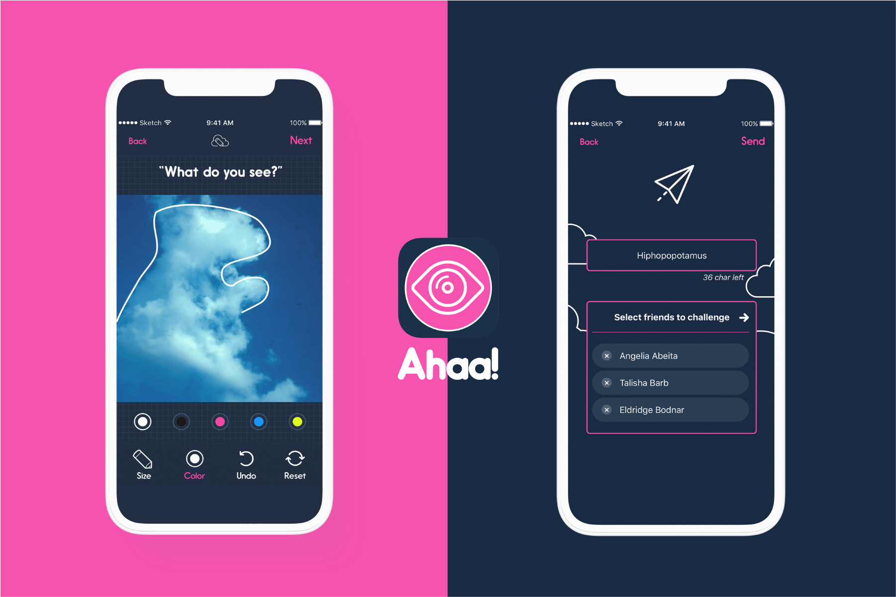 2 Ahaa screen mockups over a pink and blue background