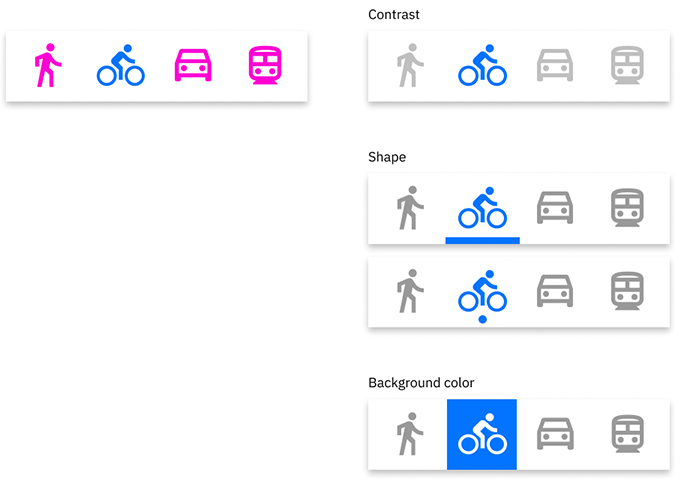 Transit mode icons showing variations in contrast, shape, and background color for accessibility