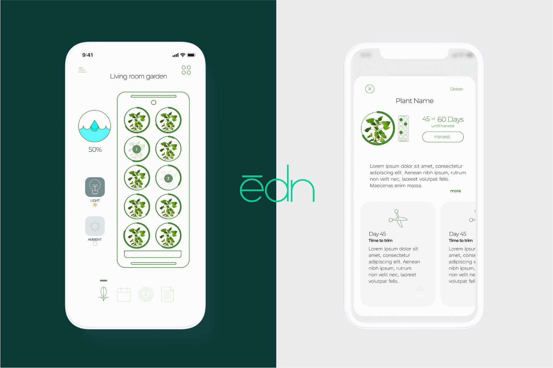 2 Edn screen mockups over a dark green and gray background