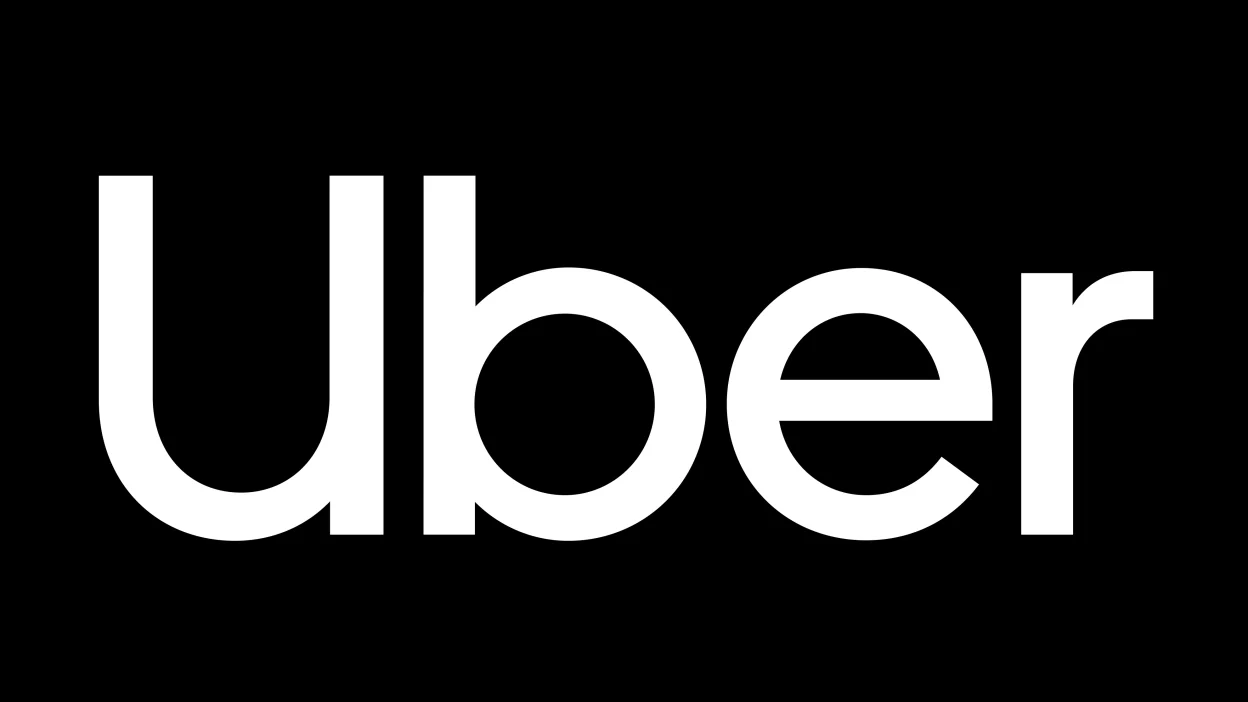 Uber logo: White uppercase text on black background. Custom rounded font.