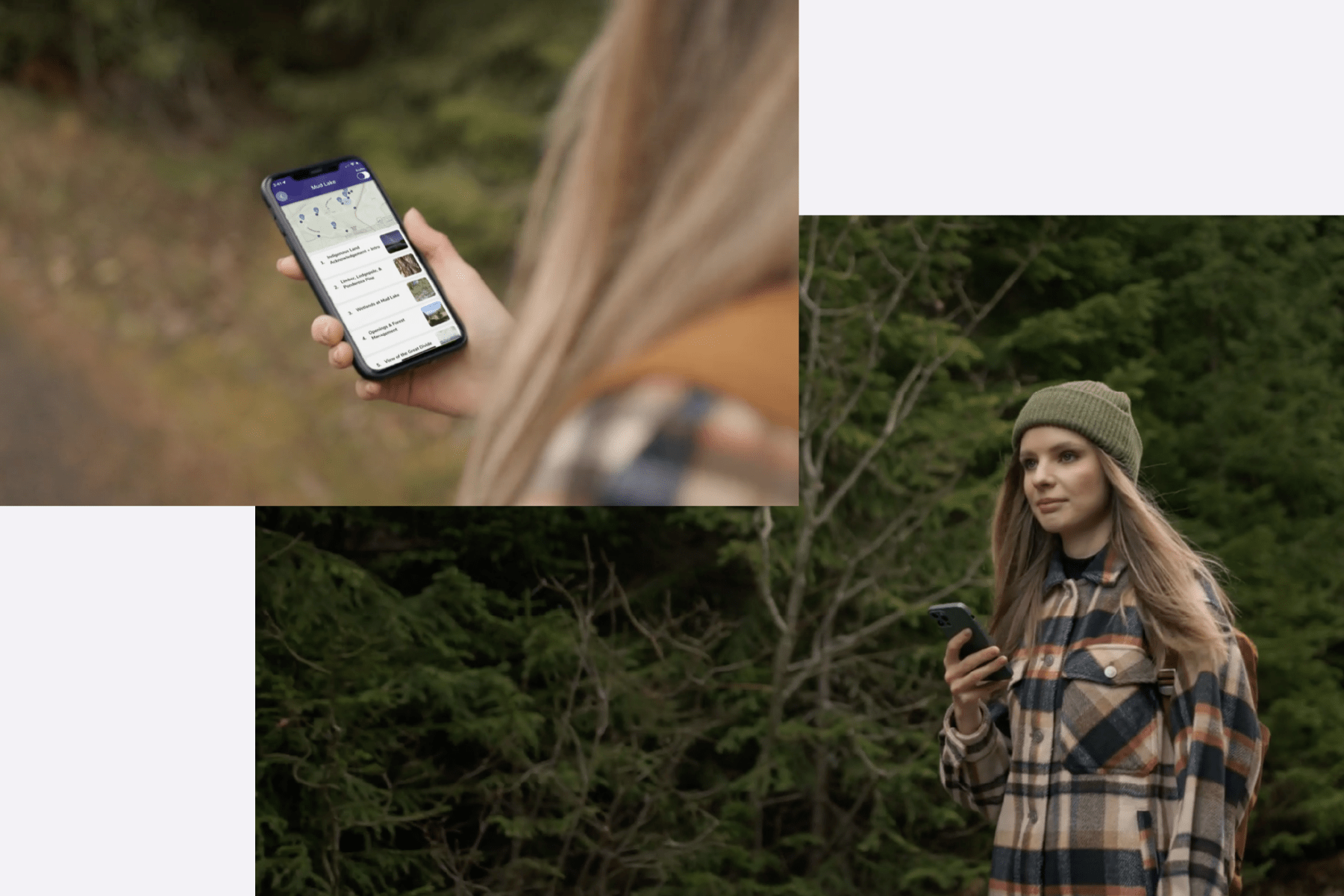 Woman Hiking While Looking at Phone App