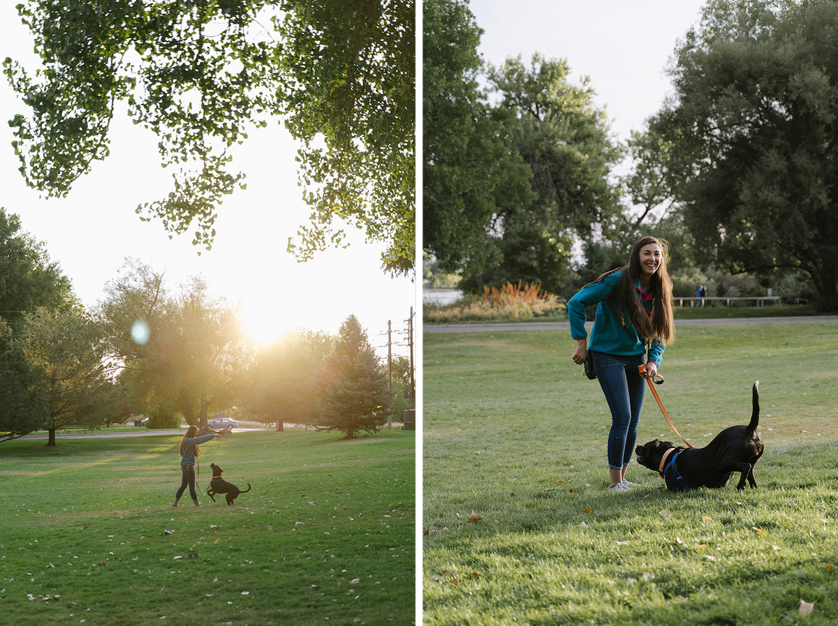 Split image showing person playing with black dog in park at sunset and close-up of them in teal sweater with dog on leash.