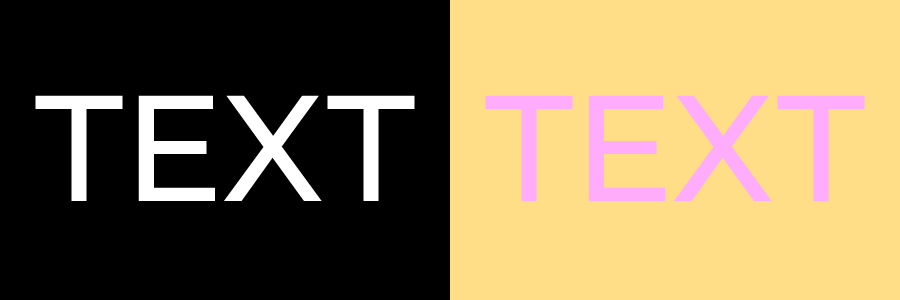 Text shown in white on black and pink on yellow backgrounds demonstrating contrast examples