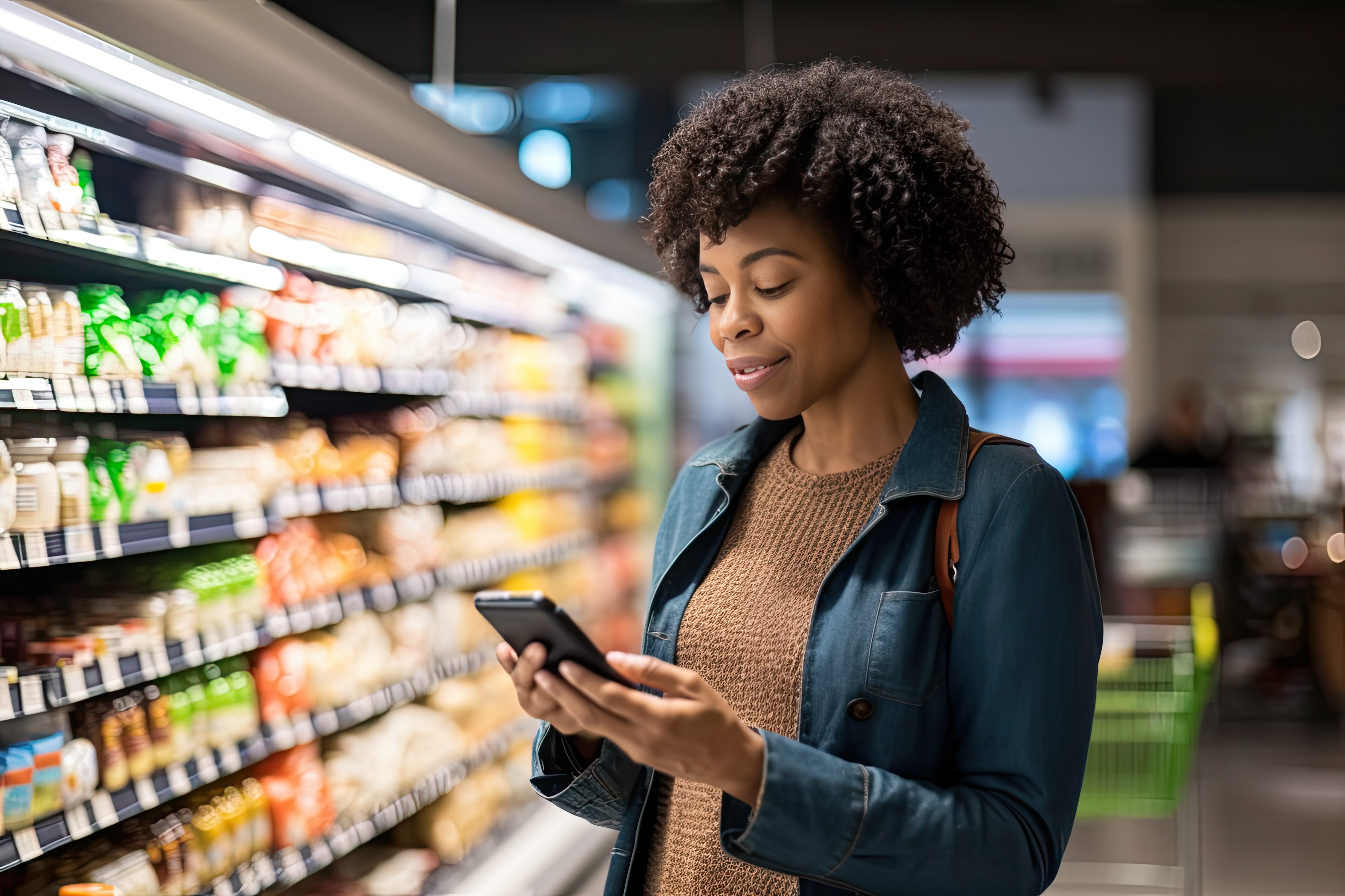 A person stands in a grocery store aisle, looking at their smartphone while holding it with both hands. Shelves stocked with various products are visible in the background.
