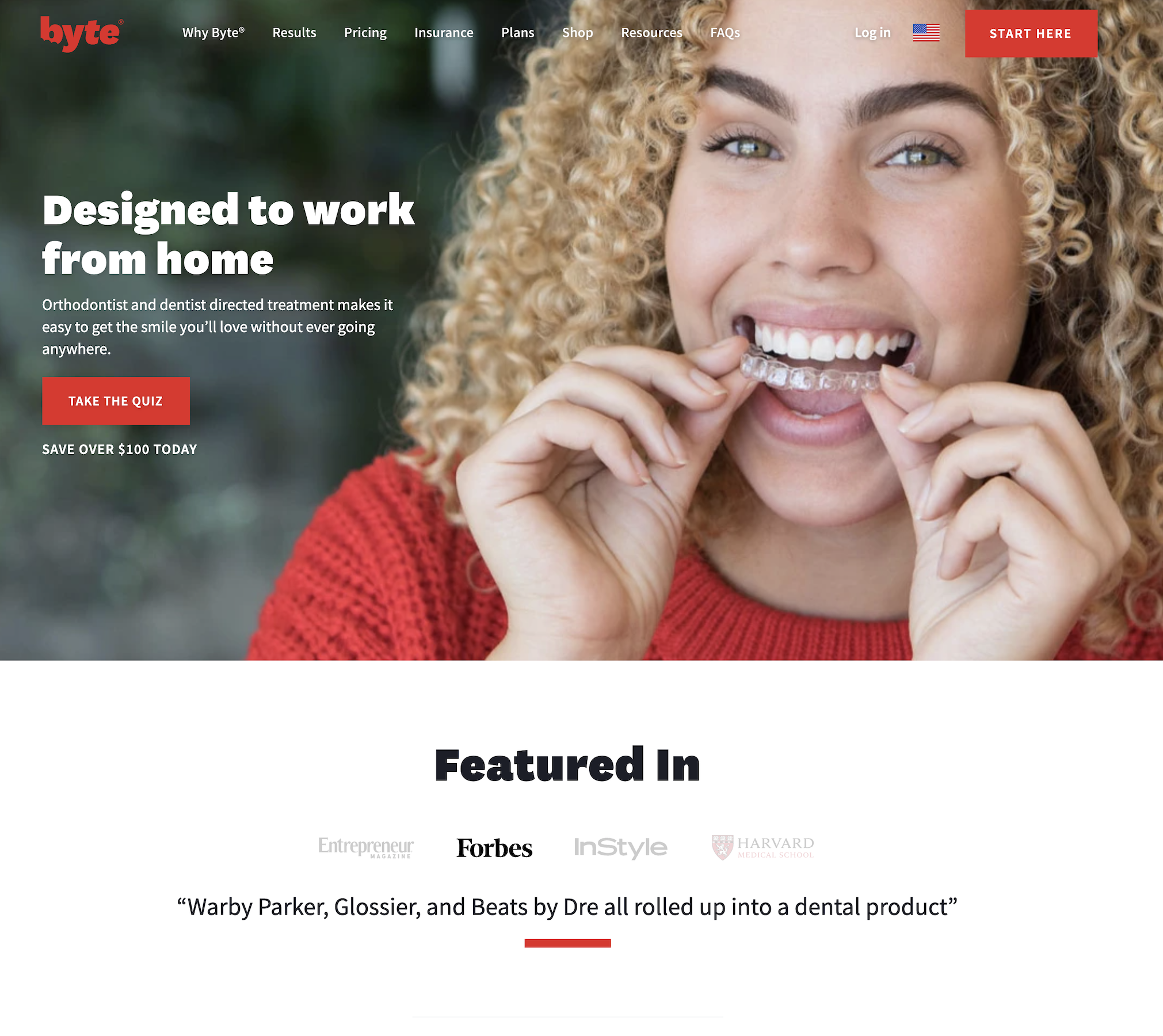 Homepage for Byte dental aligners showing person inserting clear retainer.