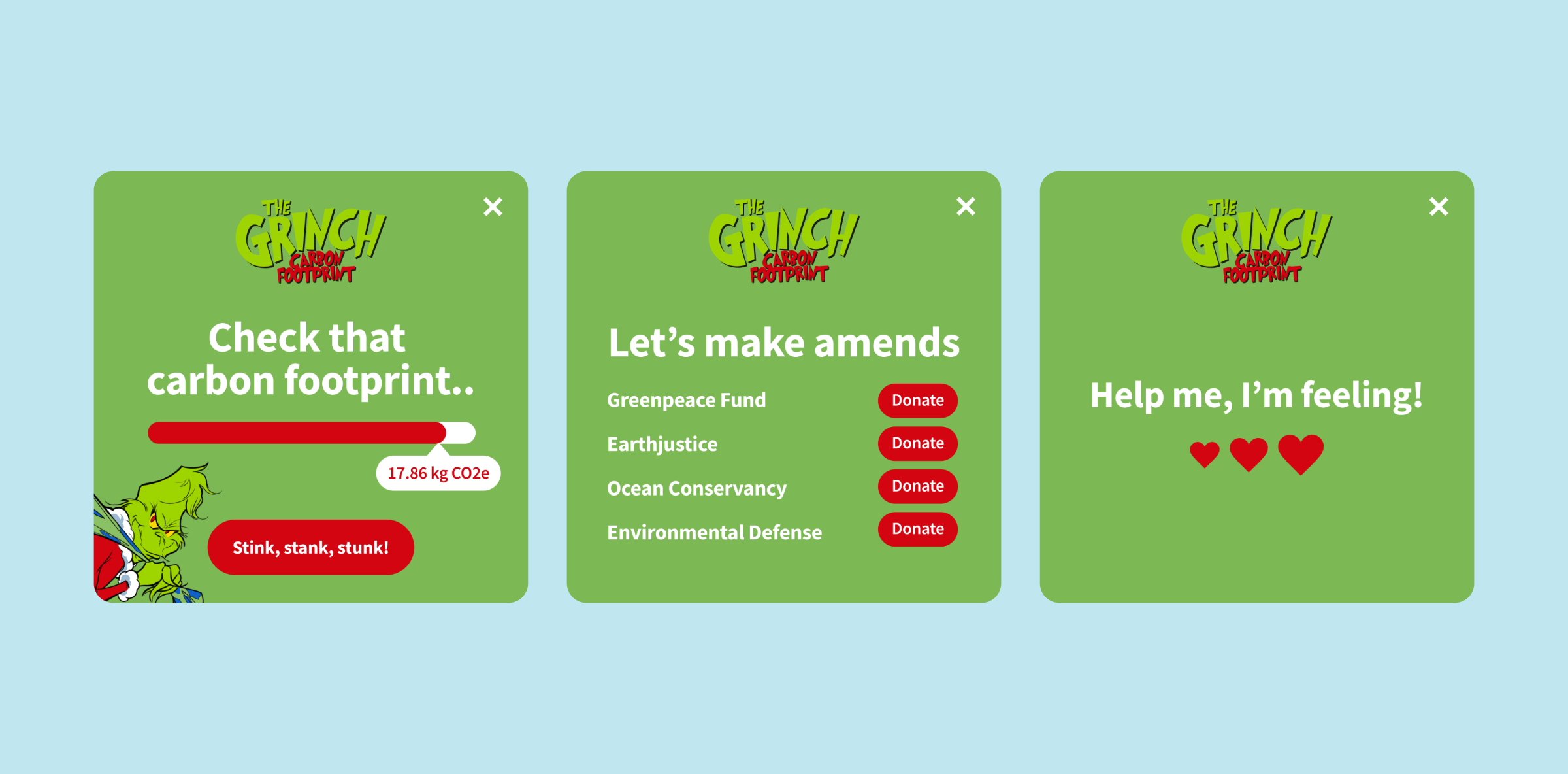 Three plugin screens for The Grinch Carbon Footprint app