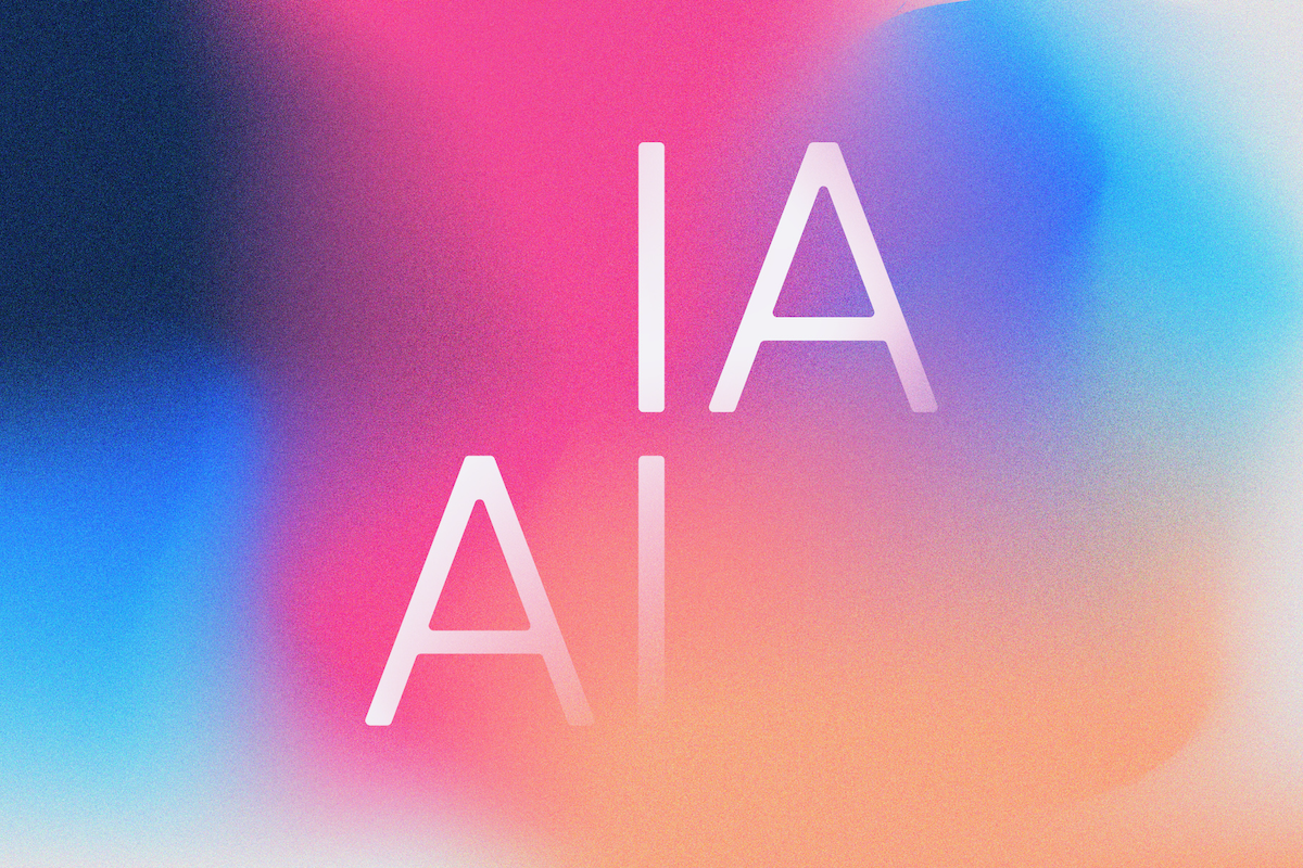 The letters 'IA AI' in white text on a gradient background that blends between blue, pink, and orange colors in a soft, blurred style.