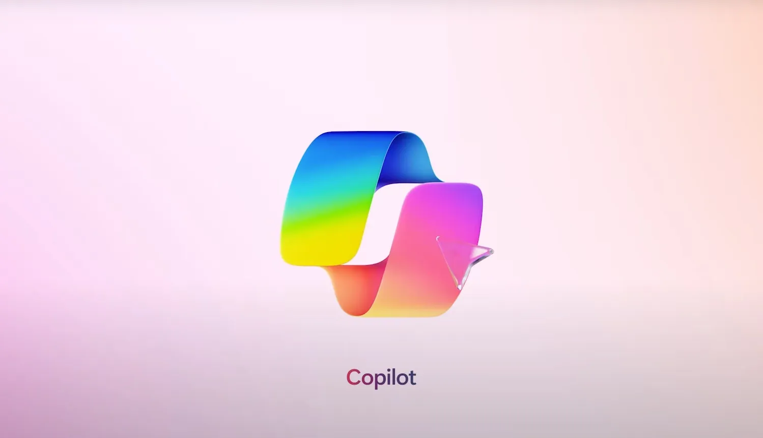 Colorful 3D Copilot logo with gradient ribbons on pink background.