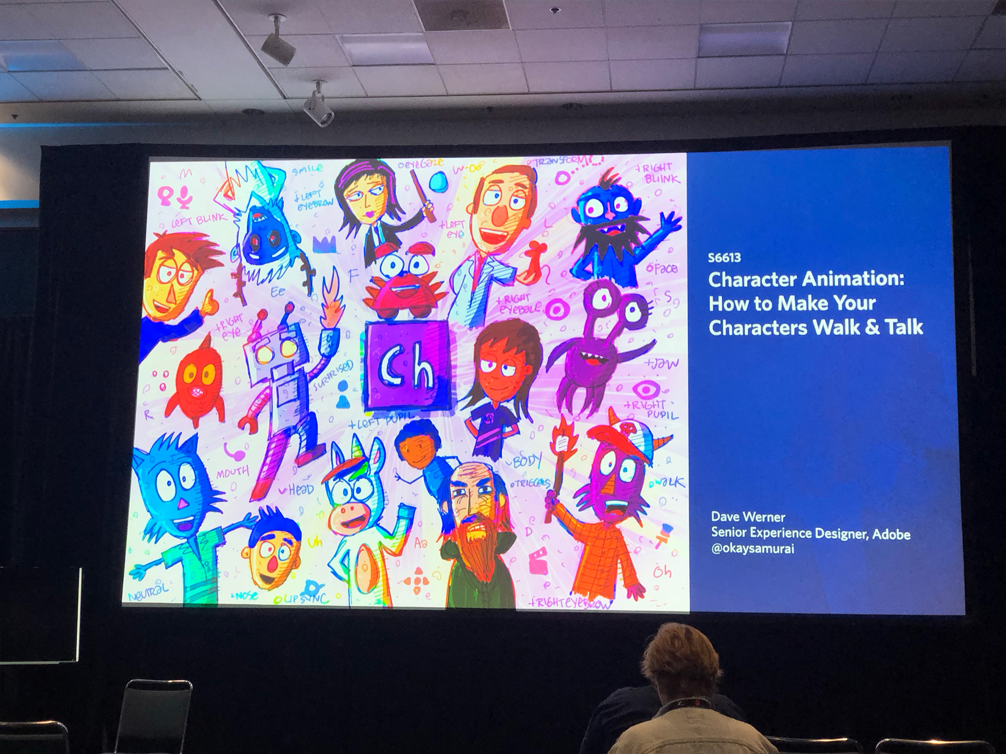 Conference presentation slide showing colorful cartoon character designs for animation, titled 